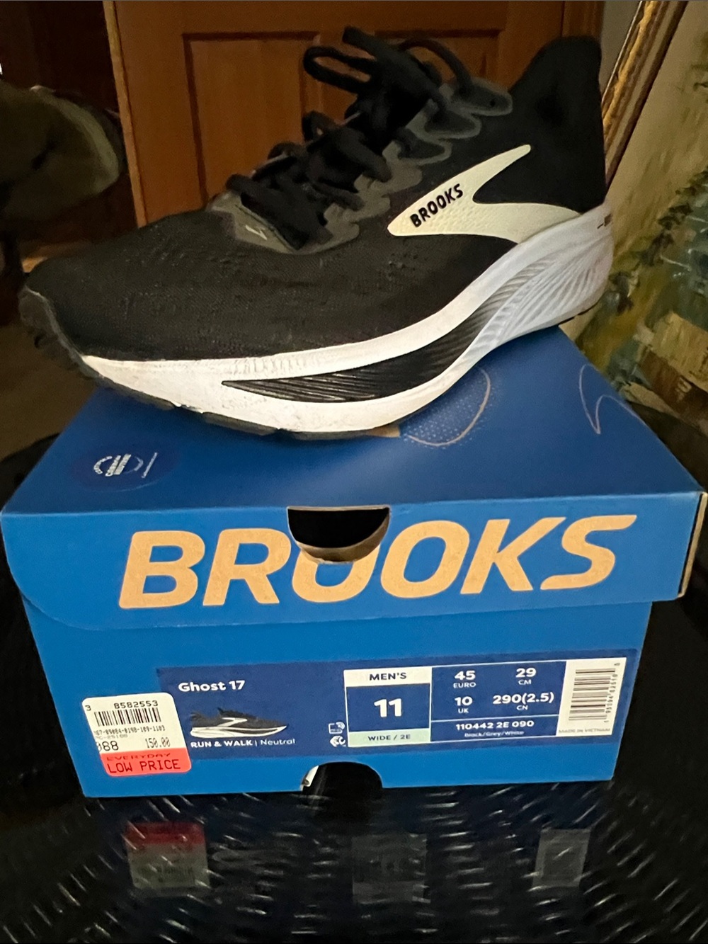 Brooks Men's Ghost 17 Running Shoe - Black & White - Wide 2E